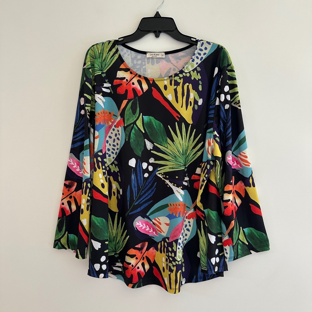 Jess & Jane Tropical Floral Top Size 2X Multicolor Artsy Colorful Vacation